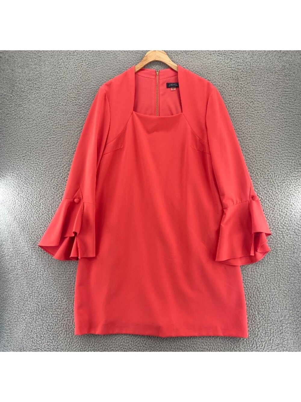 Tahari Dress Womens 14 Coral Above Knee Shift Square Neck Long Split Bell Sleeve